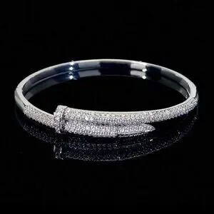18K Silver Plated Nail Bangle Bracelet with CZ Pave | Luxury Statement Jewelry